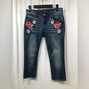 DRIFTWOOD Dark Wash Cropped Jeans with Pink Rose Embroidery